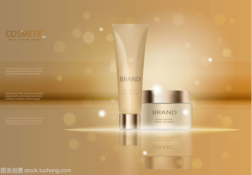 優雅的化妝品。綠松石奶油面具瓶隔離帶亮片。皮膚調色劑廣告模板、 化妝品產品海報、 保濕霜或液體瓶包裝設計。3d 矢量圖